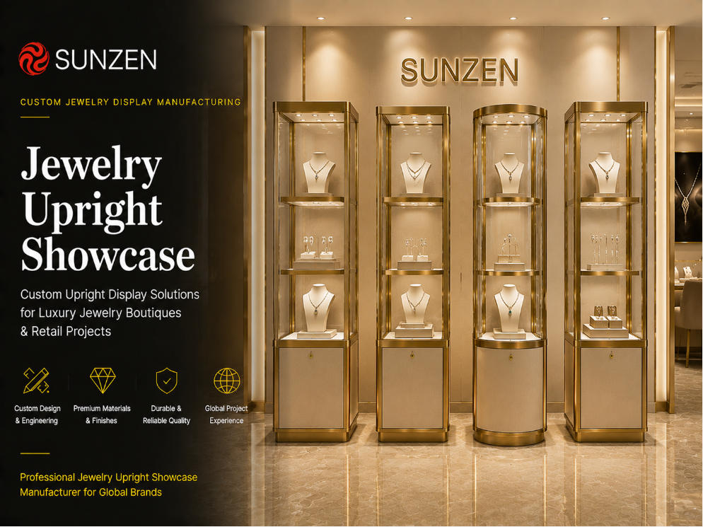 Luxury custom jewelry upright showcase manufactured by SUNZEN for freestanding vertical jewelry displays